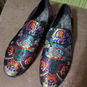 Faranzi Vibrant Floral Embroidered Black and Blue Slip-On Loafers